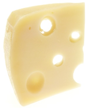 A yellow colored slice of Emmental Swiss cheese